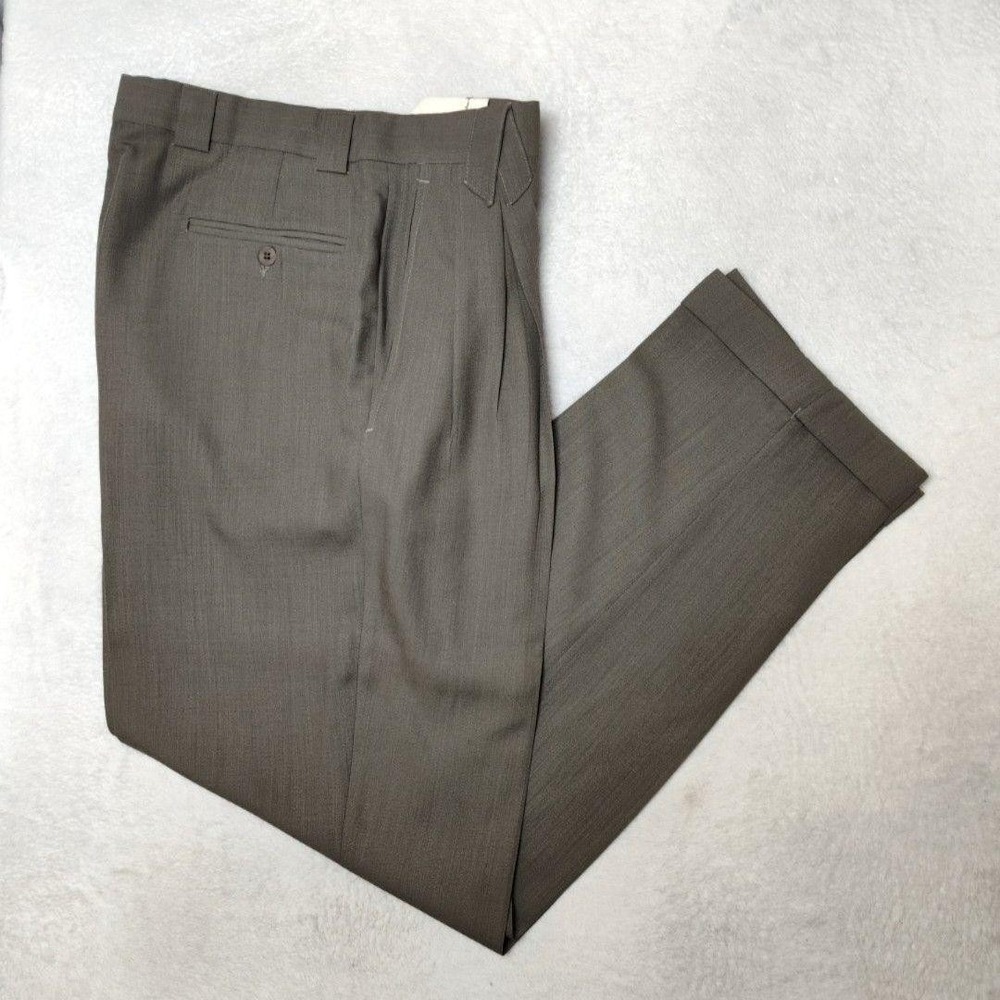 Bachrach Pants Mens 32x33 Brown Worsted Wool Nylon Pleated Cuffed Dress USA